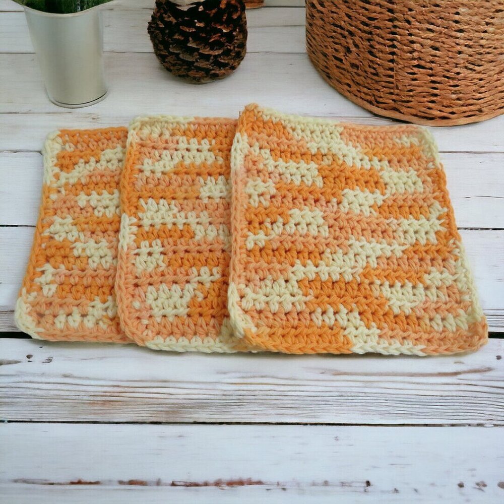 Handmade Crochet Dishcloth Set of 3 Cotton Yarn Soleil